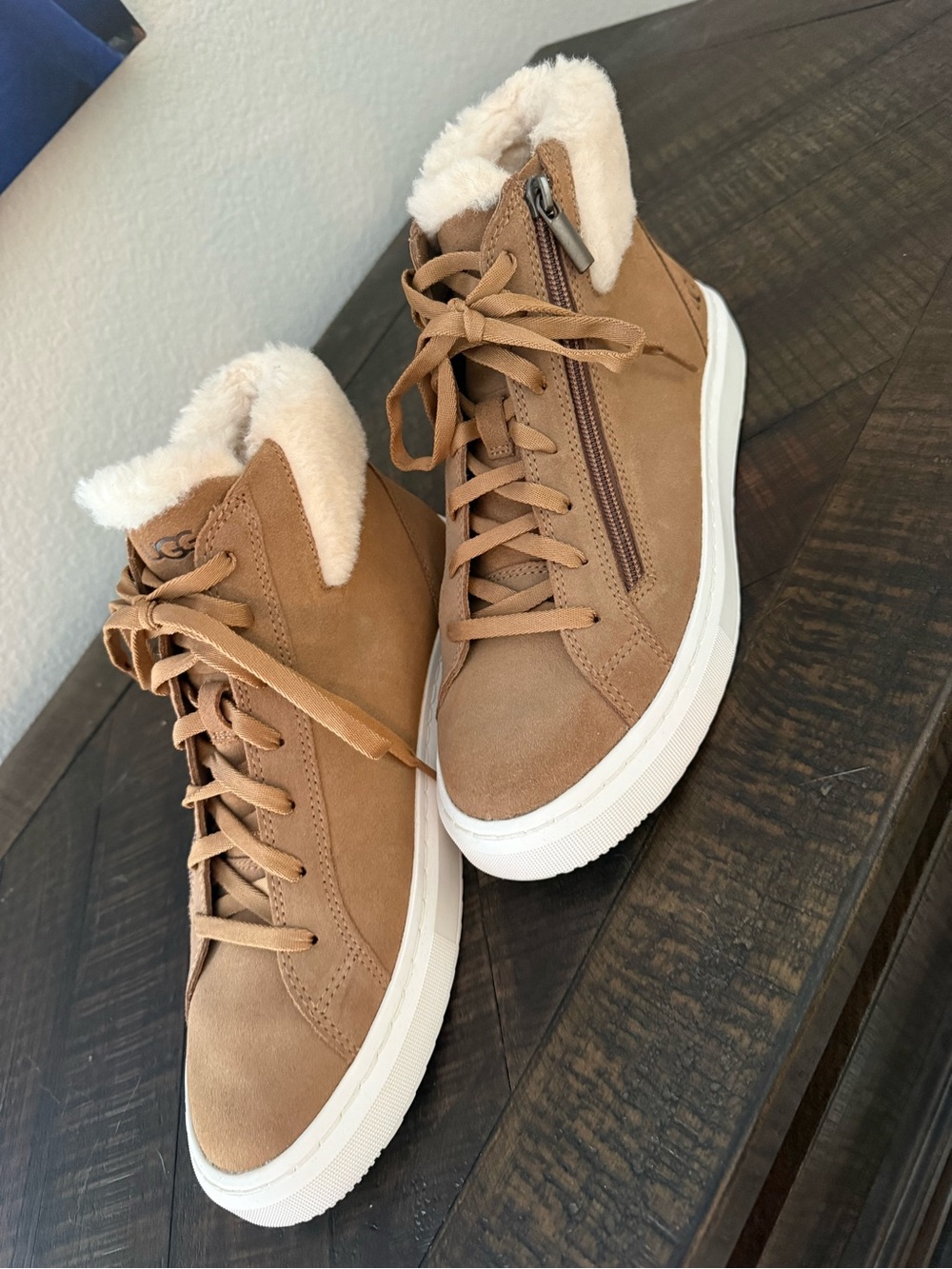 UGG Tan Suede Lace-Up Ankle Booties with Cream Shearling Collar